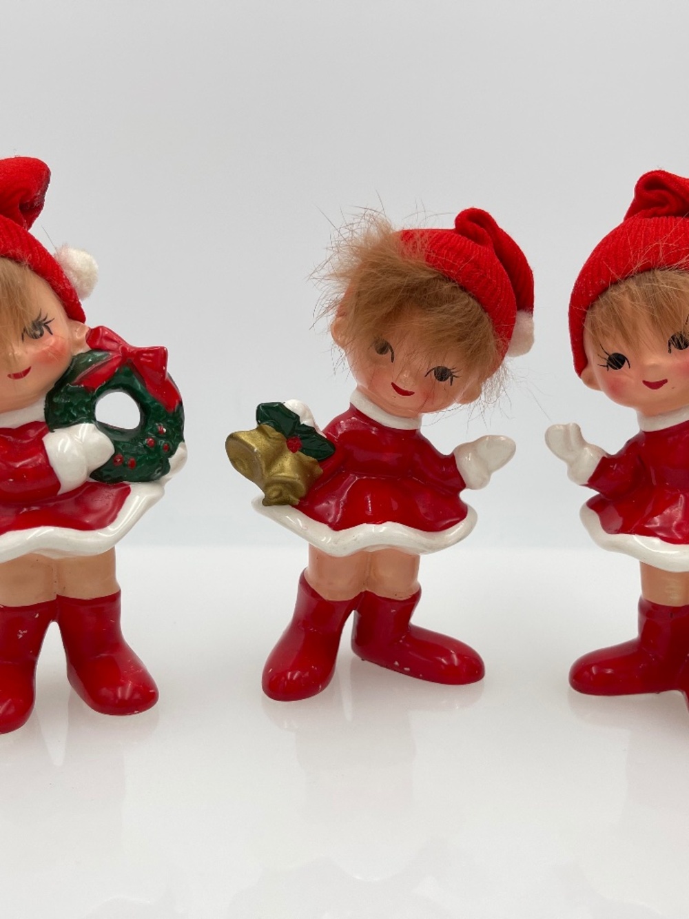 Vintage Set of 3 Ceramic Japan Girl Elves/Pixies, Hand Painted, Retro Christmas